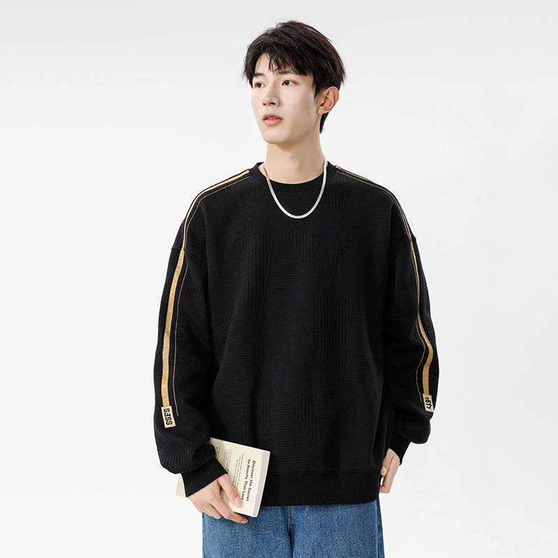 男装秋冬新款提花卫衣男韩版潮牌侧边条套头圆领卫衣简约情侣同款_1