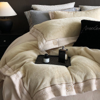 冬季简约轻奢保暖牛奶绒床盖款四件套纯色宽边刺绣加厚皮草绒床品