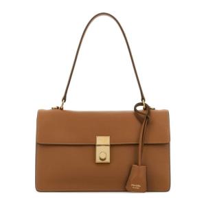 普拉达(PRADA)小牛皮女士单肩包翻盖按扣手提可调节可拆卸肩带大 Saddle_Brown