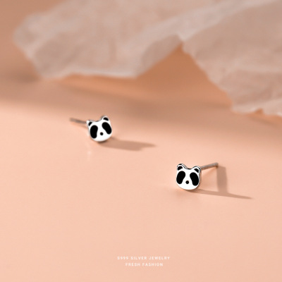 s999足银小熊猫耳钉女森系日系可爱小巧小众百搭卡通免摘耳饰批发送女朋友老婆情人节七夕生日礼物