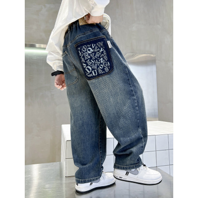 男童裤子春秋款2026新款中大男孩初中生牛仔裤直筒宽松裤