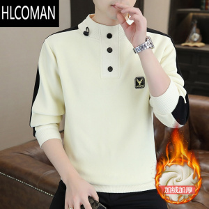HLCOMAN冬季男士半高领卫衣长袖t恤加绒加厚体恤青少年p暖双面奥粒绒