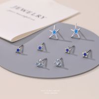 蓝色系小清新鸢尾花朵耳钉女s999纯银韩版时尚锆石星星耳饰八芒星送女朋友老婆情人节七夕生日礼物
