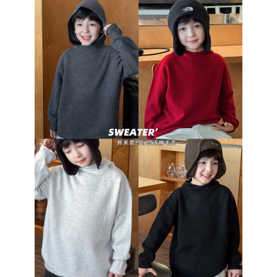 童酷男童冬季新款纯色百搭连帽针织衫中小童加厚打底儿童毛衣