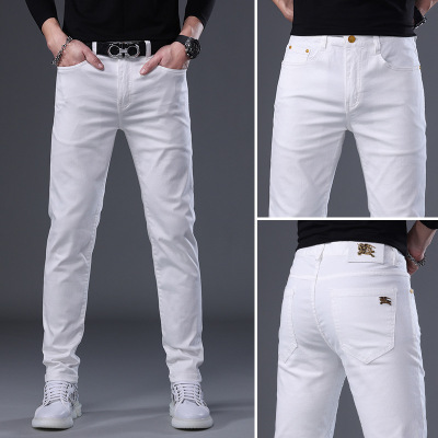 欧货牛仔裤男秋季薄款新款个性潮流弹力修身小脚白色牛仔裤子