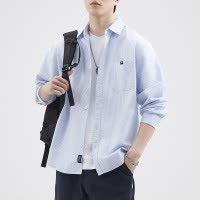 |美式休闲男士衬衫纯色早秋新长袖男生装衬衣潮流宽松外套