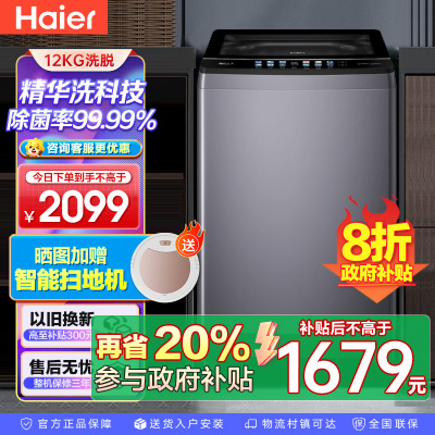 海尔(Haier) 12公斤 变频 全自动 波轮洗衣机 精华洗 除菌螨 玻璃盖 仿手搓 XQB120-BSE30L2