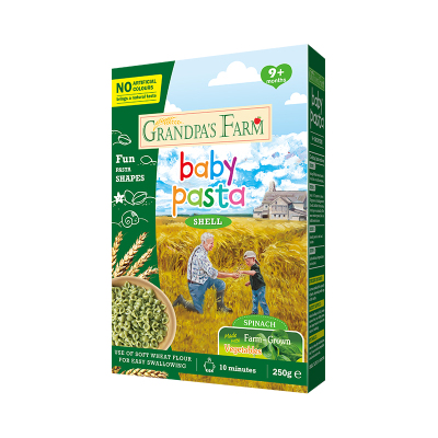 爷爷的农场欧洲进口宝宝面条辅食面条无盐粒粒面婴幼儿菠菜贝壳形意面250g/盒