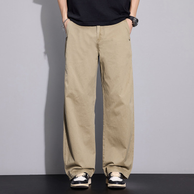 男士卡其垂感工装裤春秋全棉水洗阔腿2026新款宽松直筒长裤子