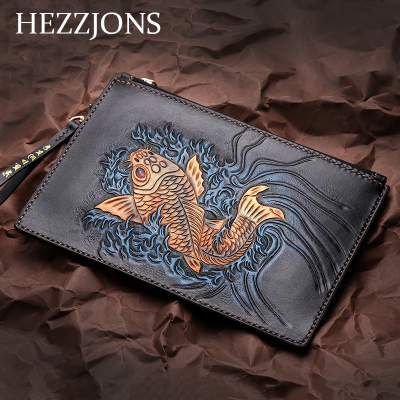 赫泽琼斯HEZZJONS原创鲤鱼手包进口牛皮皮雕手拿包青年商务休闲奢侈品手腕包男神手工雕刻时尚手机包