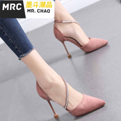 法式少女高跟鞋女细跟2020新款百搭时尚水钻网红女鞋浅口尖头单鞋墨斗潮品休闲鞋