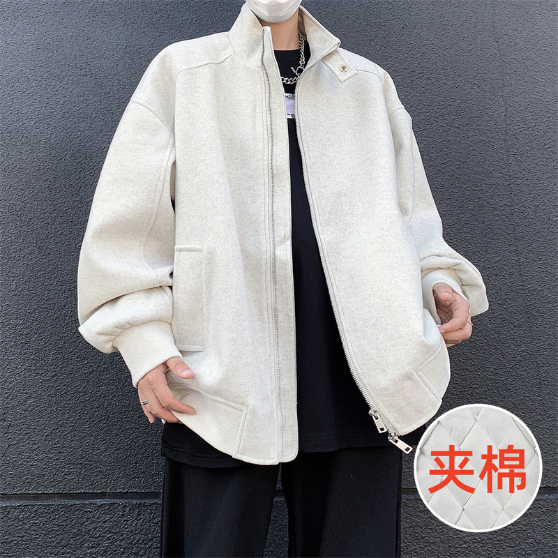 男装春秋季新款夹棉立领夹克男宽松休闲保暖拉链毛呢时尚男士外套