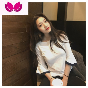 七斓超火cec短袖t恤女ins潮洋气修身显瘦七分袖喇叭袖半袖体恤上衣服