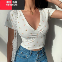 YIBUSHENG美式复古风碎花交叉v领修身短款露脐短袖T恤女上衣2024季新款潮