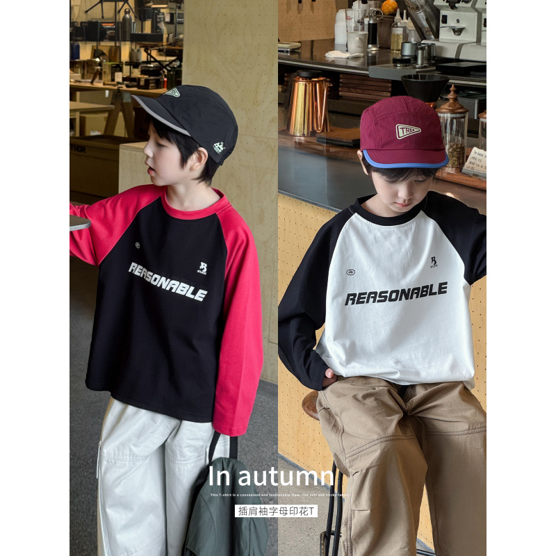 童酷男童秋款美式字母印花宝宝T恤帅气拼色圆领儿童打底衫潮