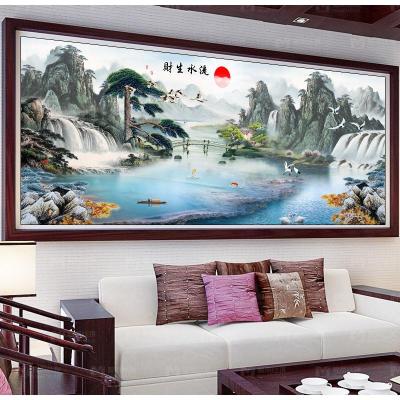 封后流水生财满绣十字绣2020新款客厅线绣大幅迎客松风景大气山水画满绣-印花品质棉线中格195*75cm-三股绣