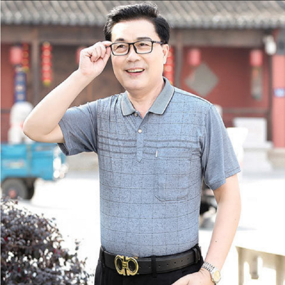 串得起2019新款时尚舒适亲肤条纹日常休闲中老年爸爸T恤夏款短袖男士T恤休闲翻领简约宽松大码爸爸装真口袋-