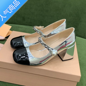 SUNTEK气质名媛风法式玛丽珍鞋女粗跟漆皮银色方头高跟鞋复古浅口女单鞋