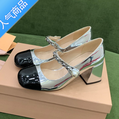 SUNTEK气质名媛风法式玛丽珍鞋女粗跟漆皮银色方头高跟鞋复古浅口女单鞋