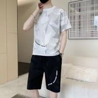 冰丝休闲运动套装男扎染印花短袖短裤两件套