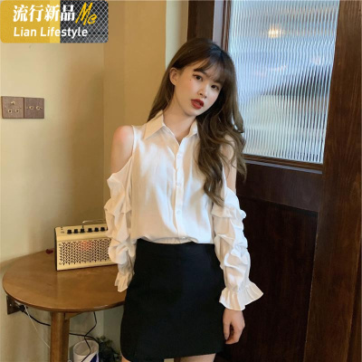 暖青汇漏肩雪纺白色衬衫女春秋超仙设计感小众心机港风长袖时尚气质上衣