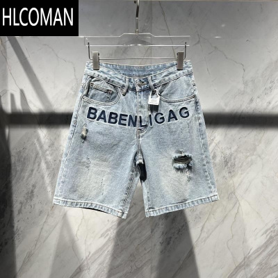 HLCOMAN夏季新款欧货潮牌字母刺绣破洞牛仔短裤男复古高端时尚个性五分裤