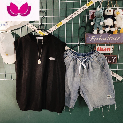 七斓夏季运动套装男无袖背心健身休闲牛仔短裤潮牌套男生搭配一套