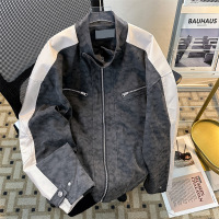 男装新款长袖拼皮垫肩立领潮牌男士机车夹克美式复古夹克外套上衣