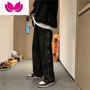 七斓排扣牛仔裤男潮牌高街ins宽松直筒阔腿夏季长裤韩版潮流学生裤子