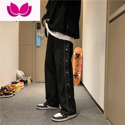 七斓排扣牛仔裤男潮牌高街ins宽松直筒阔腿夏季长裤韩版潮流学生裤子