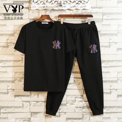 花花公子贵宾XL-9XL大码套装夏季胖子宽松烫钻加肥加大潮流休闲套装95%