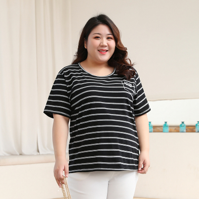 2020夏季新款胖妹妹短袖条纹T恤女中年妈妈宽松遮肚大码女装上衣