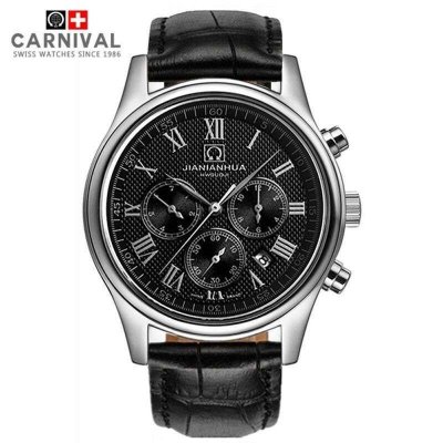 瑞士嘉年华CARNIVAL手表 名匠商务防水男士全自动机械表 男休闲时尚三眼六针多功能真皮表带男表腕表 8827皮表带款
