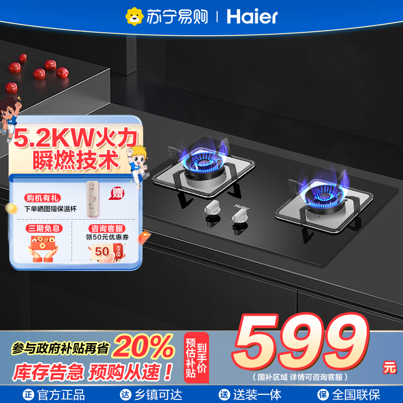 海尔(Haier)燃气灶双灶 天然气灶 家用双灶具 5.2KW大火力 一级能效 瞬燃点火熄火保护煤气灶双灶Q2BE3