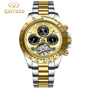 新款KINYUED全自动机械男士手表商务风带星期/月相多功能机械表男表