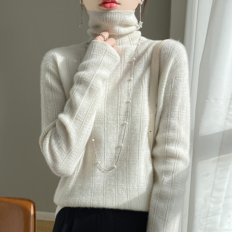 高级感打底衫女2023秋冬新款提花高领毛衣女时尚堆堆领针织毛衫