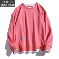 SUNTEK秋冬新款日系百搭复古简约假两件卫衣男生潮牌宽松拼色套头情侣衫卫衣