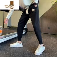 YANXU男士时尚潮牌休闲裤潮流百搭刺绣拼接束脚运动裤痞帅卫裤九分裤子