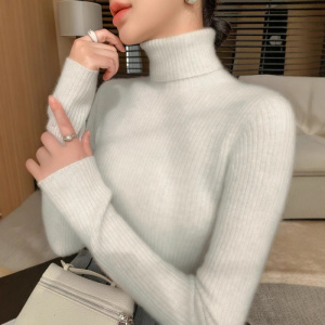 一线无缝小山羊绒衫女高翻领抽条修身显瘦堆堆领针织打底毛衣
