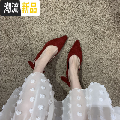 气质名媛通勤款上班族尖头浅口绒面后脱卸蝴蝶结中跟OL单鞋低帮鞋广赫