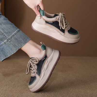 头层牛皮单鞋女2026春季新款厚底圆头百搭厚底舒适休闲运动鞋