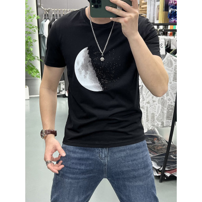 夏季新款星空半月烫钻潮牌修身短袖T恤男青年时尚上衣打底衫