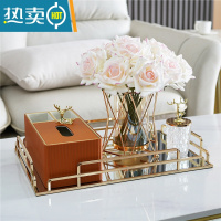 敬平北欧装饰纸巾盒轻奢茶几收纳盒套装客厅餐桌多功能收纳纸抽盒 橙色意式套装+粉边手感玫瑰 +牙签罐