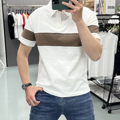 高端绅士短袖夏季新款polo衫男条纹日常圆领翻领针织T恤上衣拼色