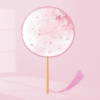 [补贴10%]团扇古风扇子儿童汉服夏天女童舞蹈扇长柄旗袍刺绣古装小圆扇双面 花间翎『半透丝质00』