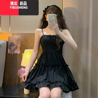 YIBUSHENG甜辣黑色吊带连衣裙女2024新款法式蝴蝶结收腰显瘦小个子裙子