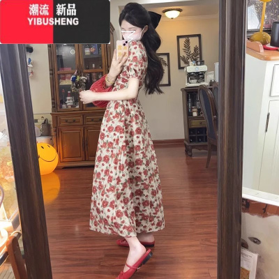 YIBUSHENG法式气质v领泡泡袖碎花连衣裙子女季2024新款小个子高级感长裙