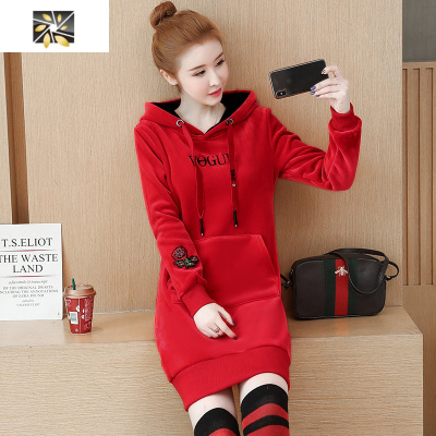 暖青汇卫衣女中长款秋冬2020新款加绒加厚宽松韩版连帽双面金丝绒外套潮卫衣