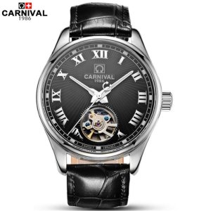 瑞士嘉年华CARNIVAL手表男士表 全自动机械表 男休闲时尚男表镂空飞轮金属精钢真皮腕表 夜光防水机械男表MS4660
