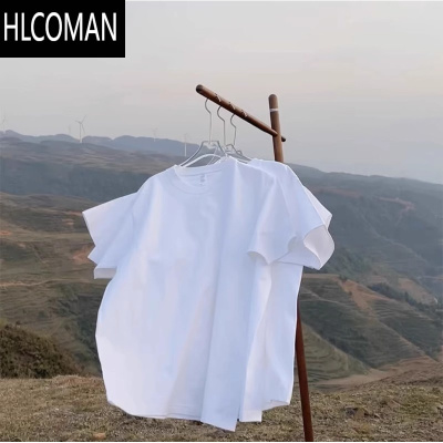 HLCOMAN白色小领口T恤夏季男女款二本针精梳棉基础款短袖情侣半截袖